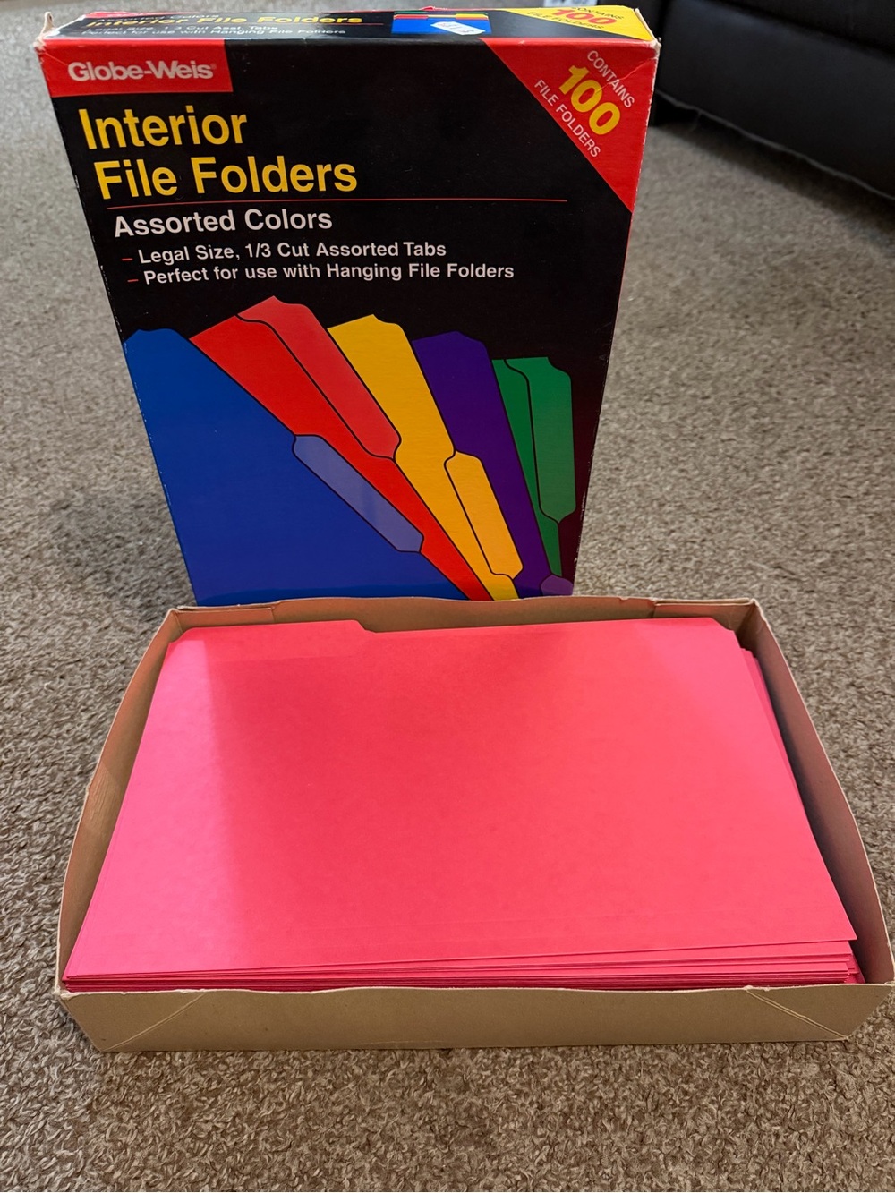 Globe-Weis Legal Size Interior File Folders Assorted Colors 1/3 Cut Tabs 80 ct.